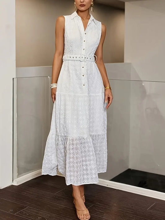 CM-DT693415 Women Elegant Seoul Style Lapel Collar Sleeveless Adjustable Waist Belt Midi Dress
