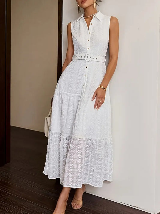CM-DT693415 Women Elegant Seoul Style Lapel Collar Sleeveless Adjustable Waist Belt Midi Dress