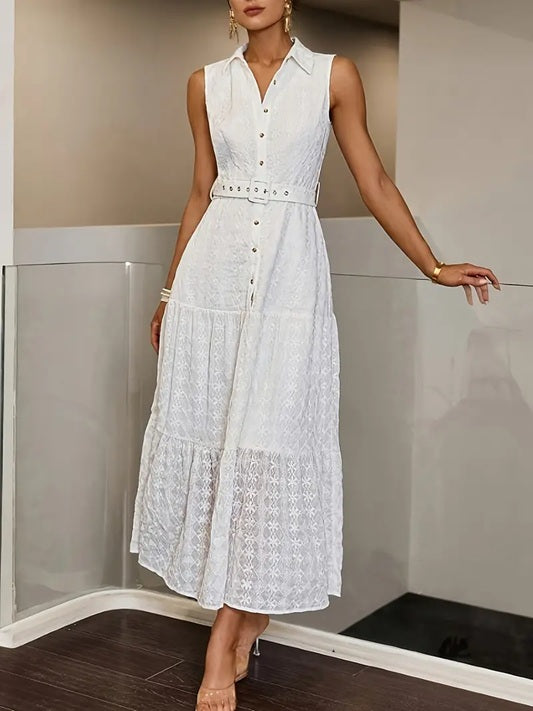 CM-DT693415 Women Elegant Seoul Style Lapel Collar Sleeveless Adjustable Waist Belt Midi Dress