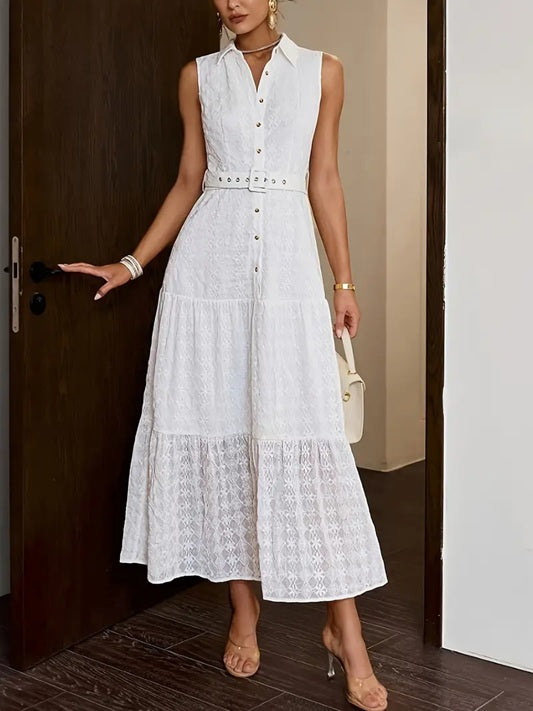 CM-DT693415 Women Elegant Seoul Style Lapel Collar Sleeveless Adjustable Waist Belt Midi Dress