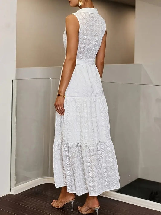 CM-DT693415 Women Elegant Seoul Style Lapel Collar Sleeveless Adjustable Waist Belt Midi Dress