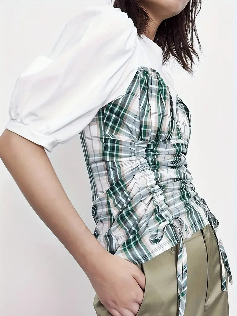 CM-TT097151 Women Casual Seoul Style Crew Neck Plaid Print Drawstring Front Puff Sleeve T-Shirt
