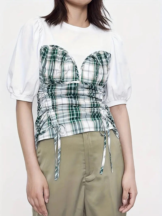 CM-TT097151 Women Casual Seoul Style Crew Neck Plaid Print Drawstring Front Puff Sleeve T-Shirt