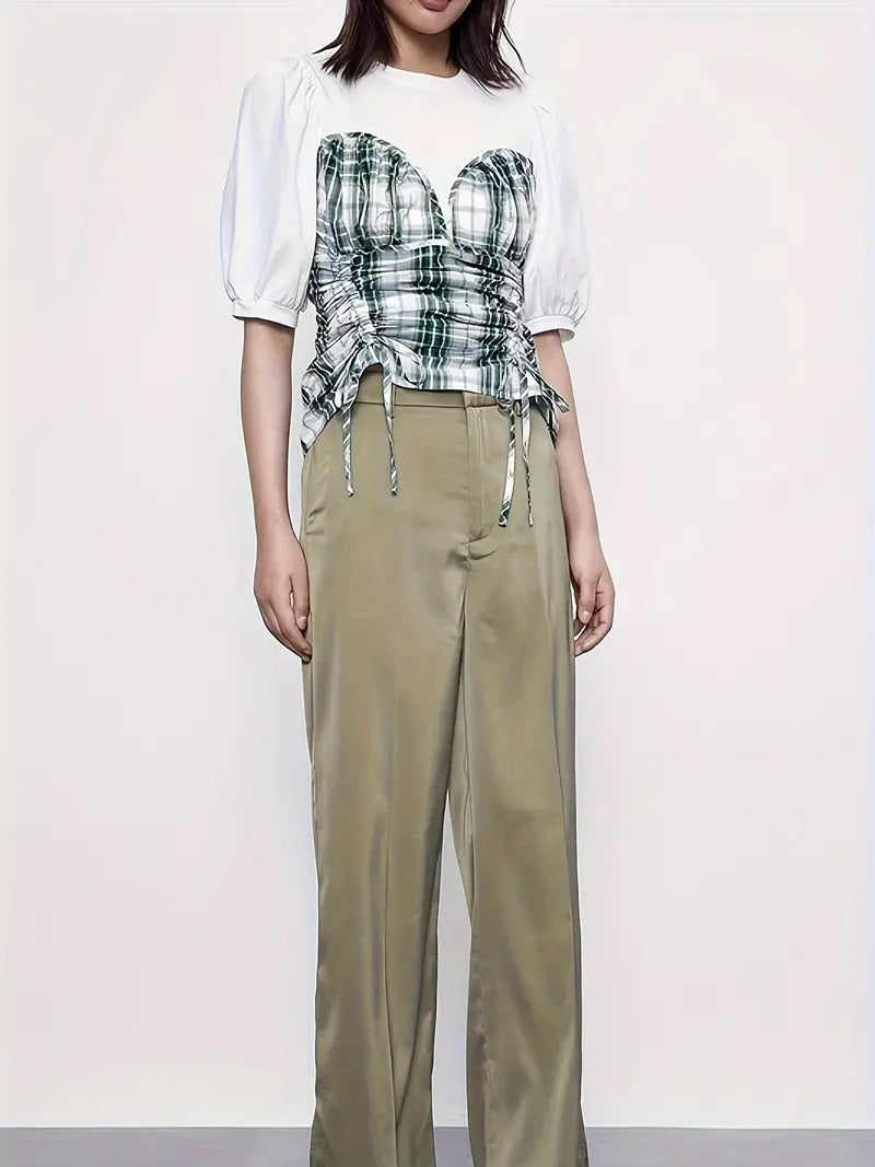 CM-TT097151 Women Casual Seoul Style Crew Neck Plaid Print Drawstring Front Puff Sleeve T-Shirt