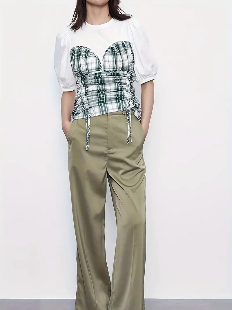 CM-TT097151 Women Casual Seoul Style Crew Neck Plaid Print Drawstring Front Puff Sleeve T-Shirt