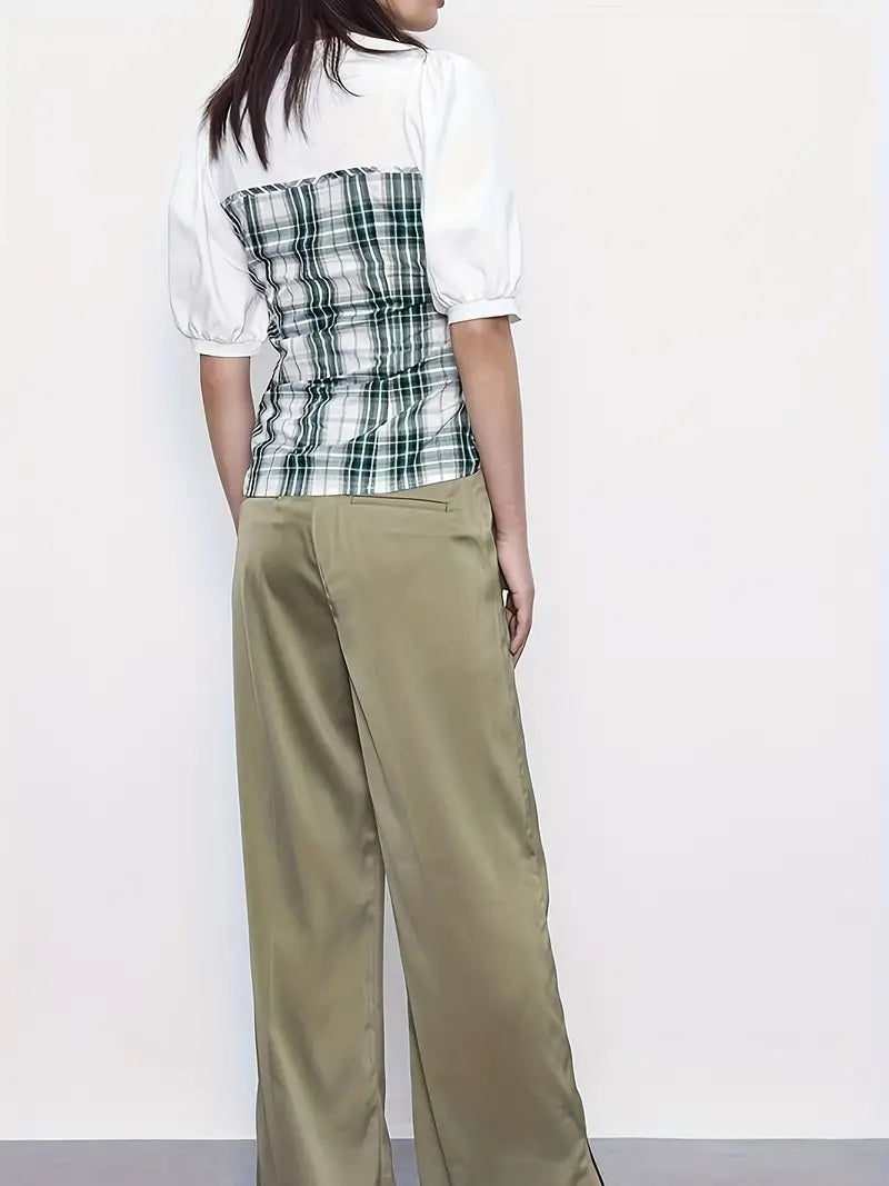 CM-TT097151 Women Casual Seoul Style Crew Neck Plaid Print Drawstring Front Puff Sleeve T-Shirt