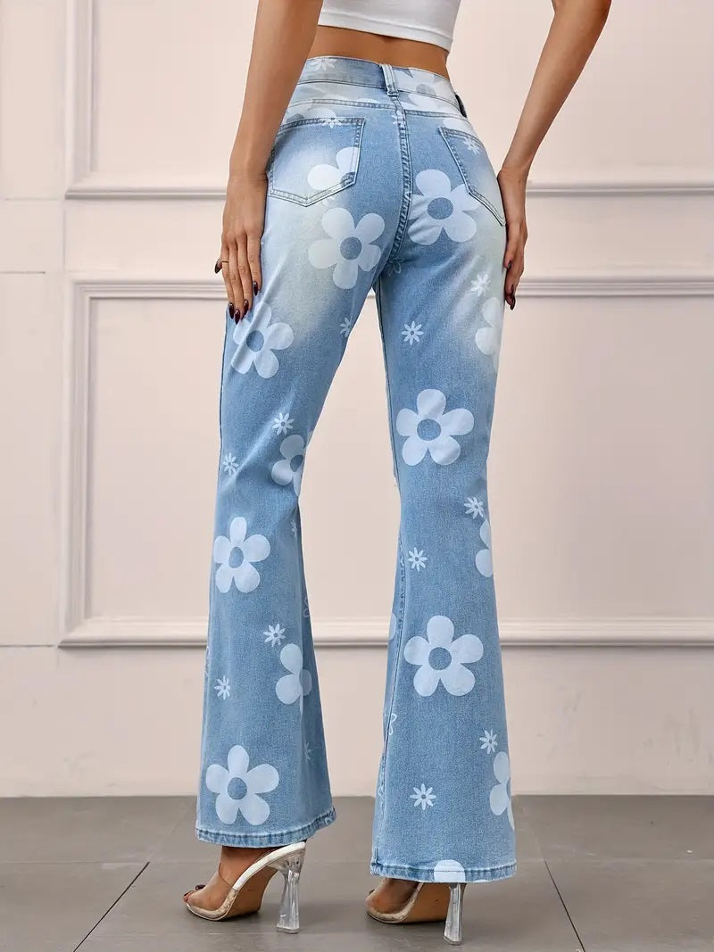 CM-BT050235 Women Casual Seoul Style Washed Floral Print Ripped Flare Leg Jeans