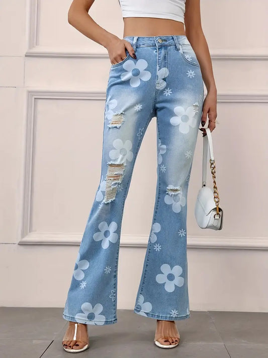 CM-BT050235 Women Casual Seoul Style Washed Floral Print Ripped Flare Leg Jeans