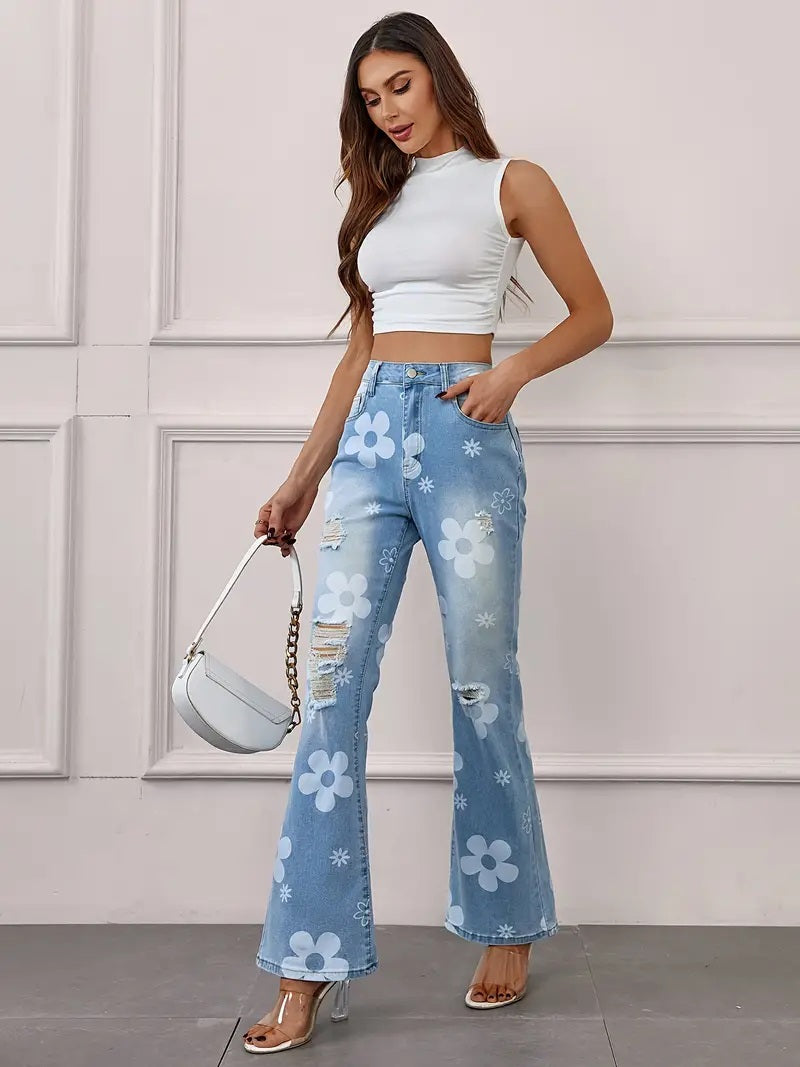 CM-BT050235 Women Casual Seoul Style Washed Floral Print Ripped Flare Leg Jeans