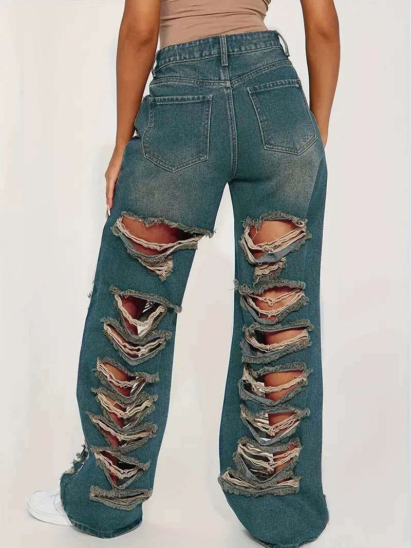 CM-BT089898 Women Casual Seoul Style Ripped Distressed Frayed Edges Long Denim Pants