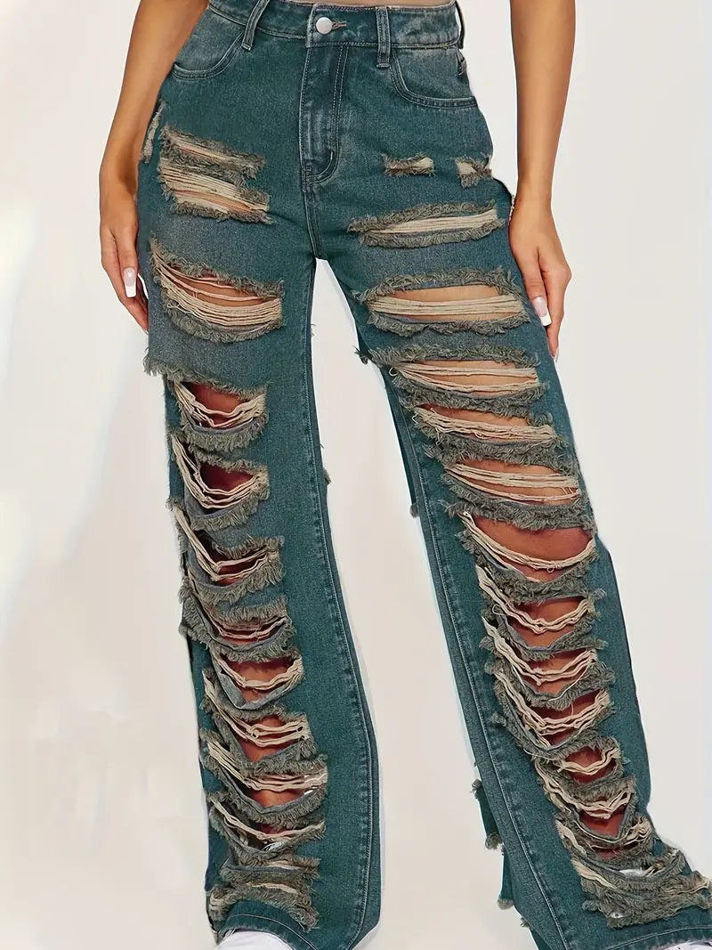CM-BT089898 Women Casual Seoul Style Ripped Distressed Frayed Edges Long Denim Pants