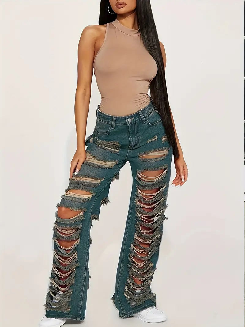 CM-BT089898 Women Casual Seoul Style Ripped Distressed Frayed Edges Long Denim Pants