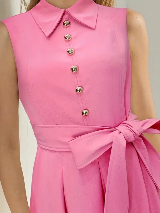 CM-DT207673 Women Elegant Seoul Style Pointed Neckline Sleeveless Pleated Belted Dress - Pink