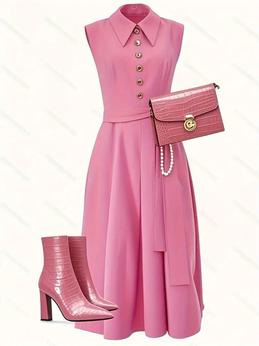 CM-DT207673 Women Elegant Seoul Style Pointed Neckline Sleeveless Pleated Belted Dress - Pink