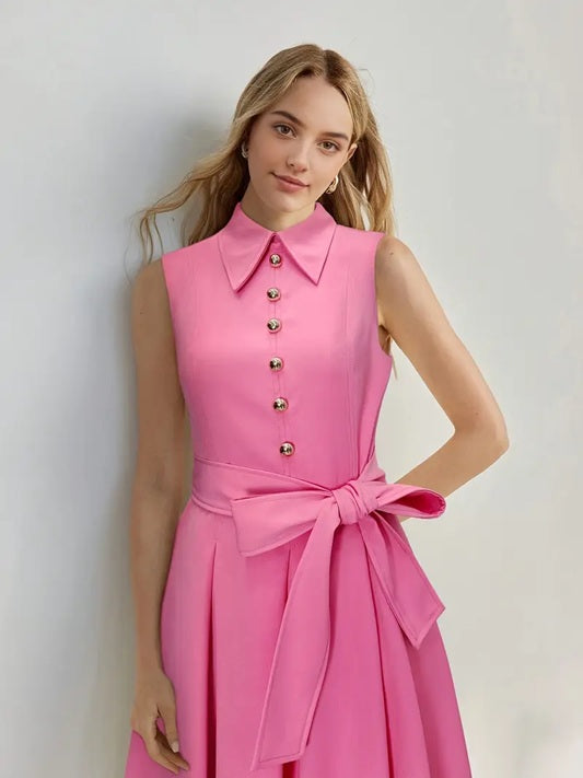 CM-DT207673 Women Elegant Seoul Style Pointed Neckline Sleeveless Pleated Belted Dress - Pink