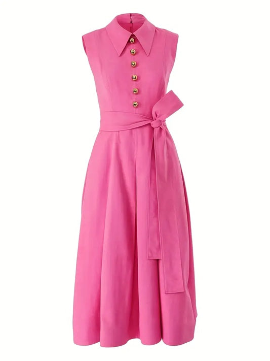 CM-DT207673 Women Elegant Seoul Style Pointed Neckline Sleeveless Pleated Belted Dress - Pink