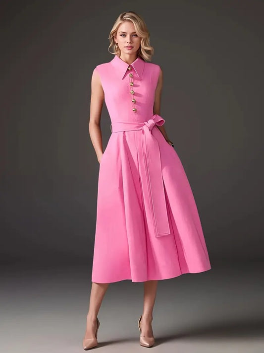 CM-DT207673 Women Elegant Seoul Style Pointed Neckline Sleeveless Pleated Belted Dress - Pink