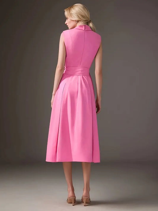 CM-DT207673 Women Elegant Seoul Style Pointed Neckline Sleeveless Pleated Belted Dress - Pink