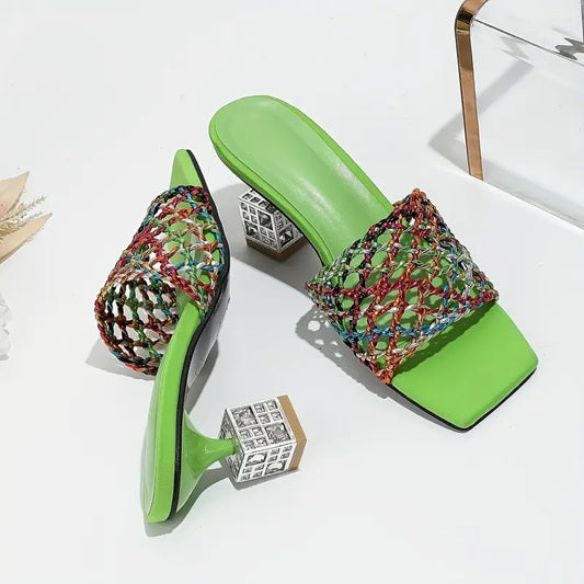 CM-SHE053798 Women Trendy Seoul Style Square Toe Hollow Out Rhinestone Chunky Heels Sandals (Available in 3 colors)