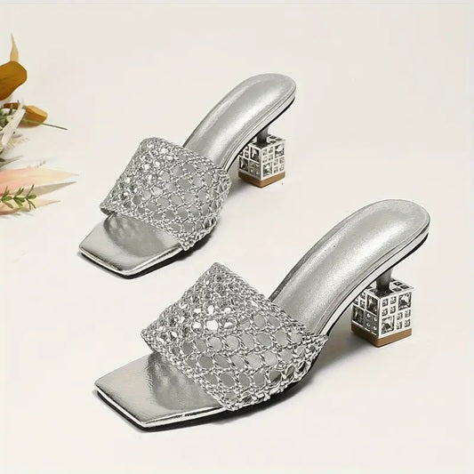 CM-SHE053798 Women Trendy Seoul Style Square Toe Hollow Out Rhinestone Chunky Heels Sandals (Available in 3 colors)