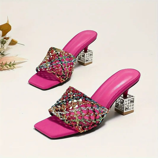 CM-SHE053798 Women Trendy Seoul Style Square Toe Hollow Out Rhinestone Chunky Heels Sandals (Available in 3 colors)