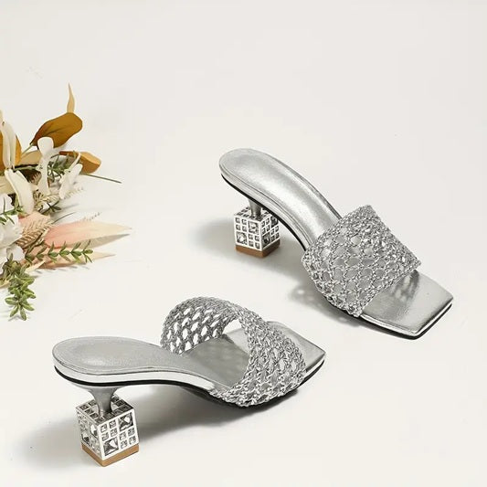 CM-SHE053798 Women Trendy Seoul Style Square Toe Hollow Out Rhinestone Chunky Heels Sandals (Available in 3 colors)