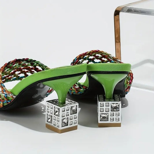 CM-SHE053798 Women Trendy Seoul Style Square Toe Hollow Out Rhinestone Chunky Heels Sandals (Available in 3 colors)
