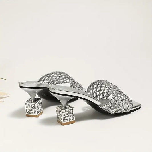 CM-SHE053798 Women Trendy Seoul Style Square Toe Hollow Out Rhinestone Chunky Heels Sandals (Available in 3 colors)