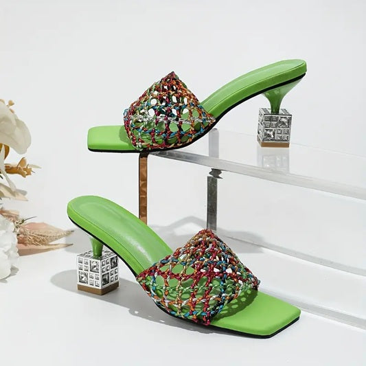 CM-SHE053798 Women Trendy Seoul Style Square Toe Hollow Out Rhinestone Chunky Heels Sandals (Available in 3 colors)