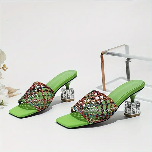 CM-SHE053798 Women Trendy Seoul Style Square Toe Hollow Out Rhinestone Chunky Heels Sandals (Available in 3 colors)
