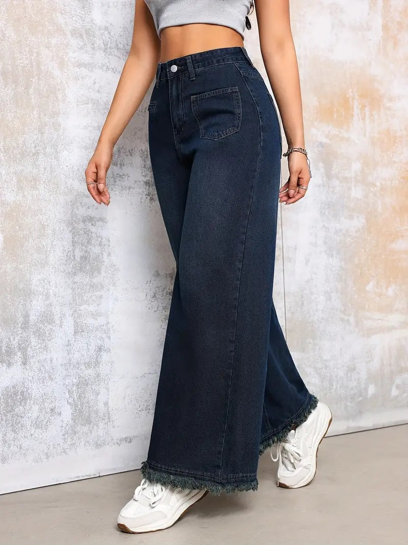CM-BT058233 Women Casual Seoul Style Washed High Rise Loose Fit Wide Leg Jeans - Deep Blue