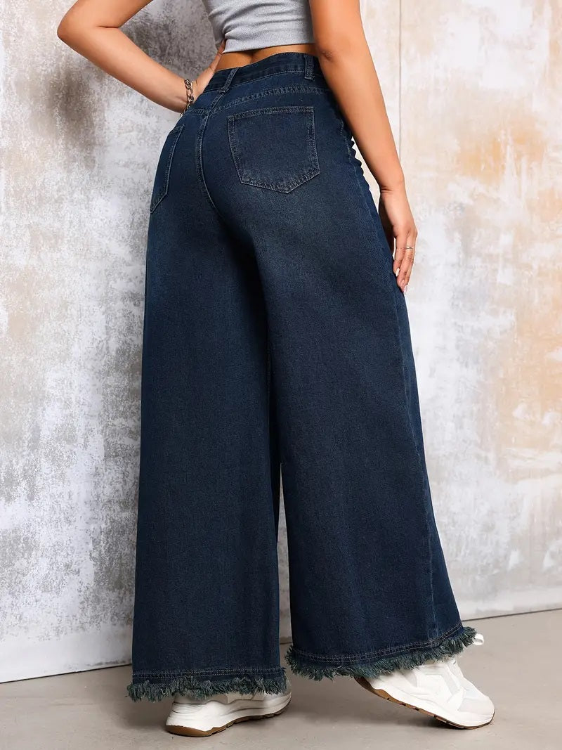 CM-BT058233 Women Casual Seoul Style Washed High Rise Loose Fit Wide Leg Jeans - Deep Blue