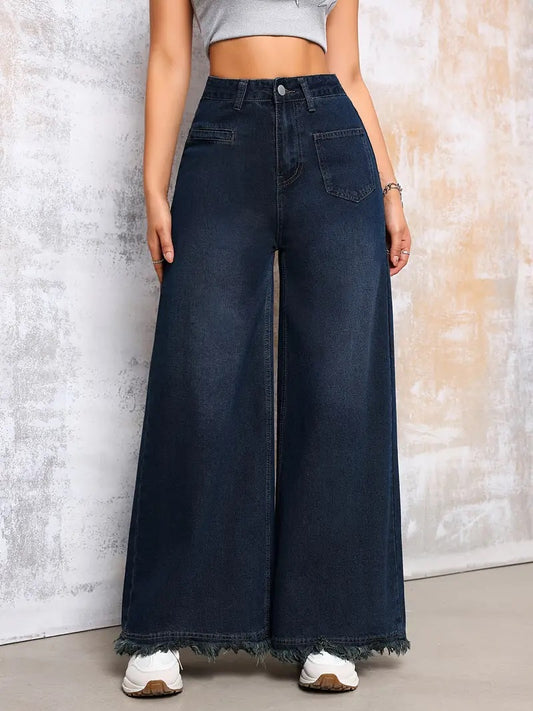 CM-BT058233 Women Casual Seoul Style Washed High Rise Loose Fit Wide Leg Jeans - Deep Blue
