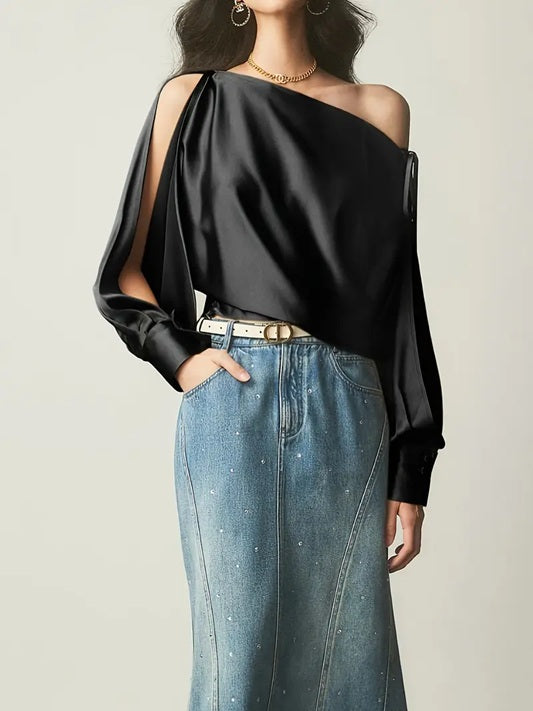 CM-TT672278 Women Elegant Seoul Style Soli Color One-Shoulder Lace-Up Long Sleeve Top - Black