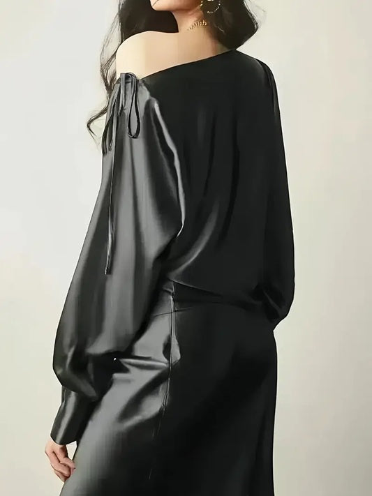 CM-TT672278 Women Elegant Seoul Style Soli Color One-Shoulder Lace-Up Long Sleeve Top - Black