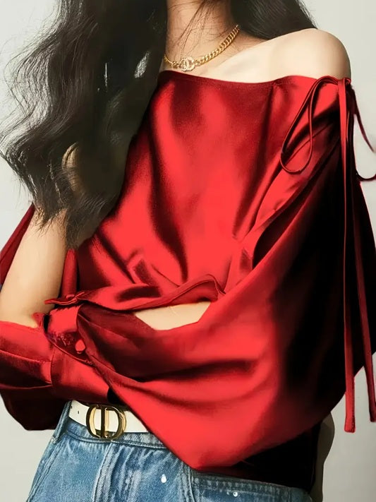 CM-TT672278 Women Elegant Seoul Style Soli Color One-Shoulder Lace-Up Long Sleeve Top - Red