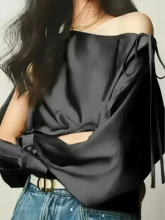 CM-TT672278 Women Elegant Seoul Style Soli Color One-Shoulder Lace-Up Long Sleeve Top - Black