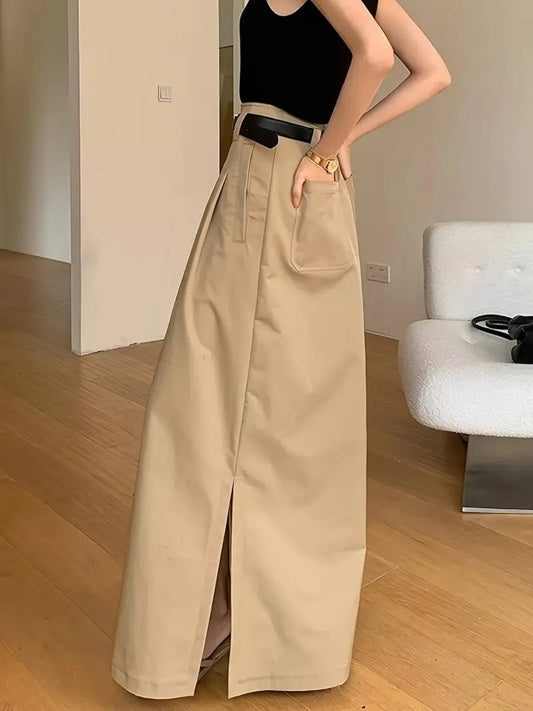 CM-BT463280 Women Elegant Seoul Style Front Slit Side Pockets A-Line Midi Skirt - Khaki