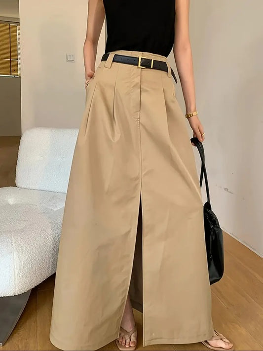 CM-BT463280 Women Elegant Seoul Style Front Slit Side Pockets A-Line Midi Skirt - Khaki
