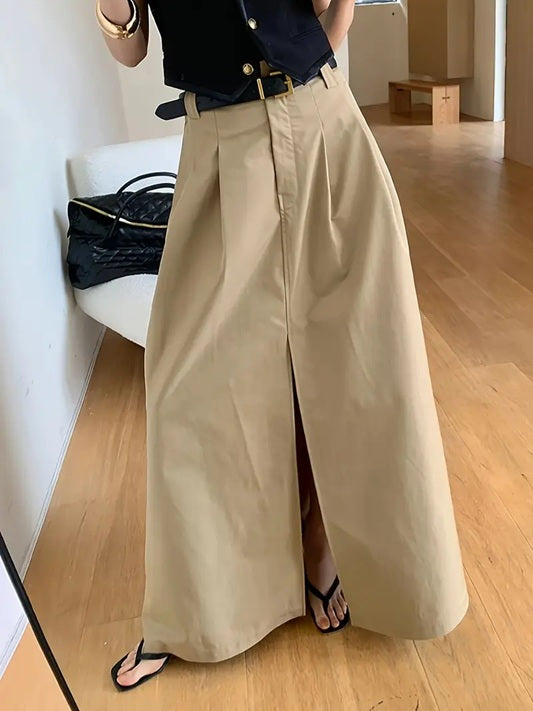 CM-BT463280 Women Elegant Seoul Style Front Slit Side Pockets A-Line Midi Skirt - Khaki