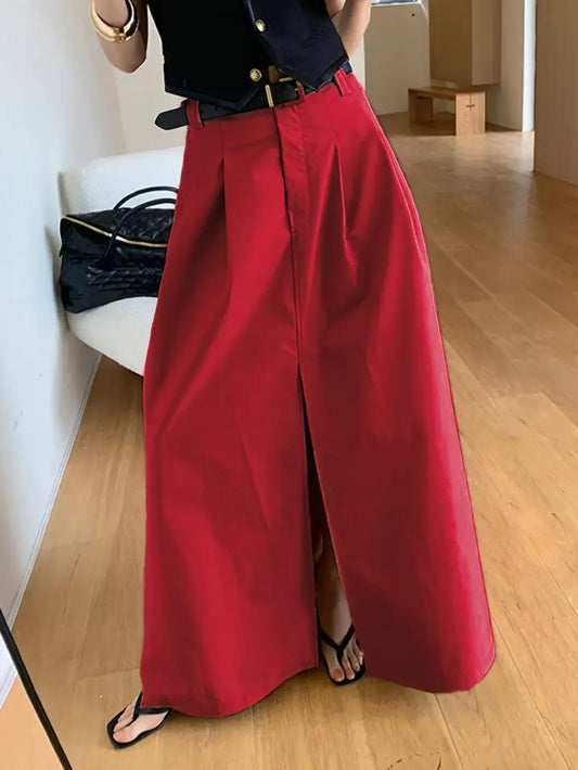 CM-BT463280 Women Elegant Seoul Style Front Slit Side Pockets A-Line Midi Skirt - Red