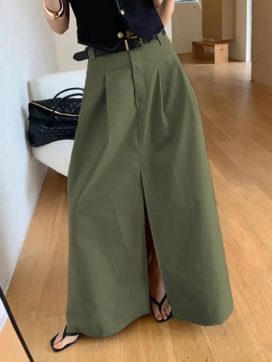 CM-BT463280 Women Elegant Seoul Style Front Slit Side Pockets A-Line Midi Skirt - Army Green