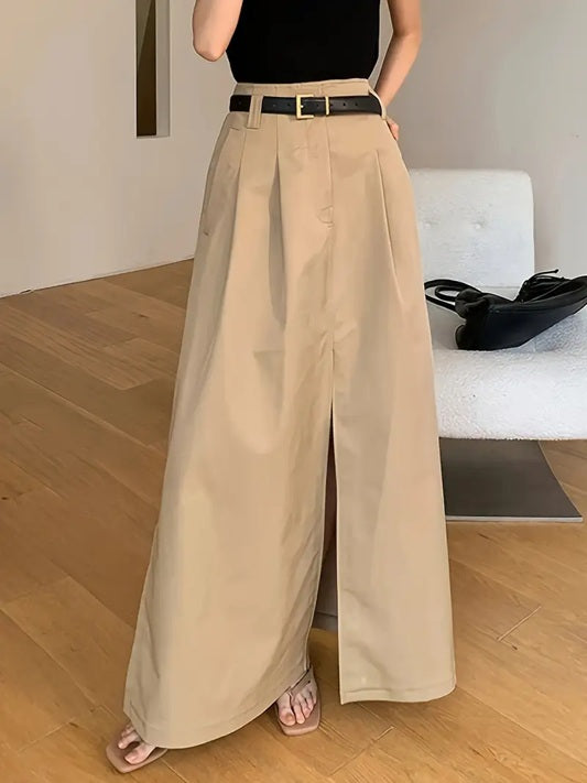 CM-BT463280 Women Elegant Seoul Style Front Slit Side Pockets A-Line Midi Skirt - Khaki