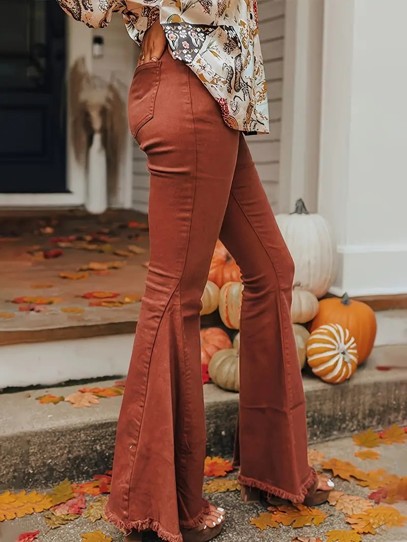 CM-BT046712 Women Casual Seoul Style High Waist Raw Trim Loose Bell Bottom Jeans - Brick Red