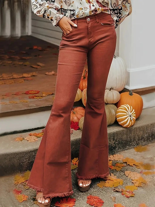 CM-BT046712 Women Casual Seoul Style High Waist Raw Trim Loose Bell Bottom Jeans - Brick Red