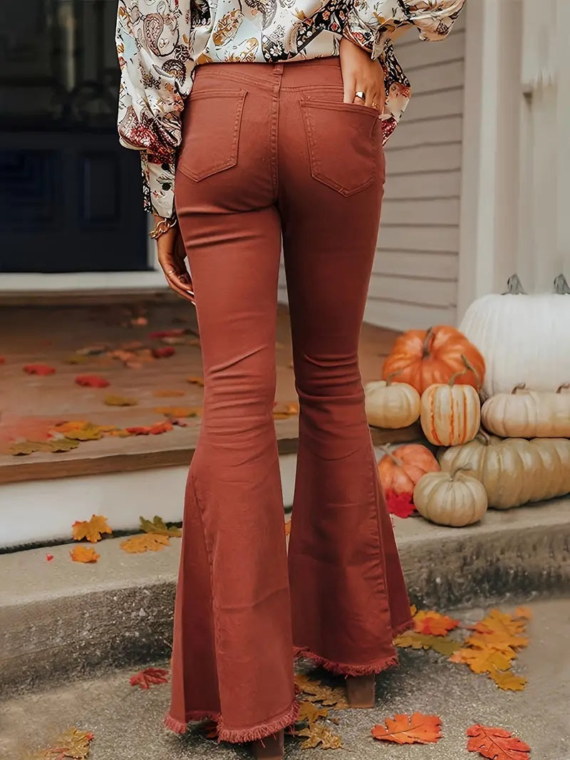 CM-BT046712 Women Casual Seoul Style High Waist Raw Trim Loose Bell Bottom Jeans - Brick Red