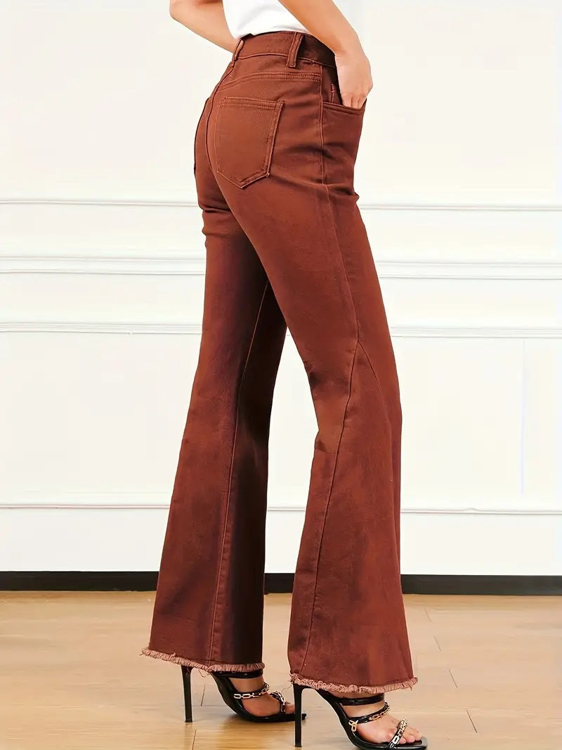 CM-BT046712 Women Casual Seoul Style High Waist Raw Trim Loose Bell Bottom Jeans - Brick Red