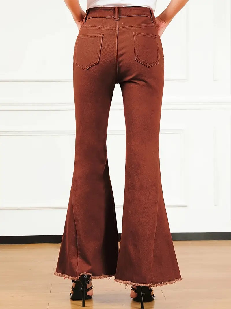 CM-BT046712 Women Casual Seoul Style High Waist Raw Trim Loose Bell Bottom Jeans - Brick Red