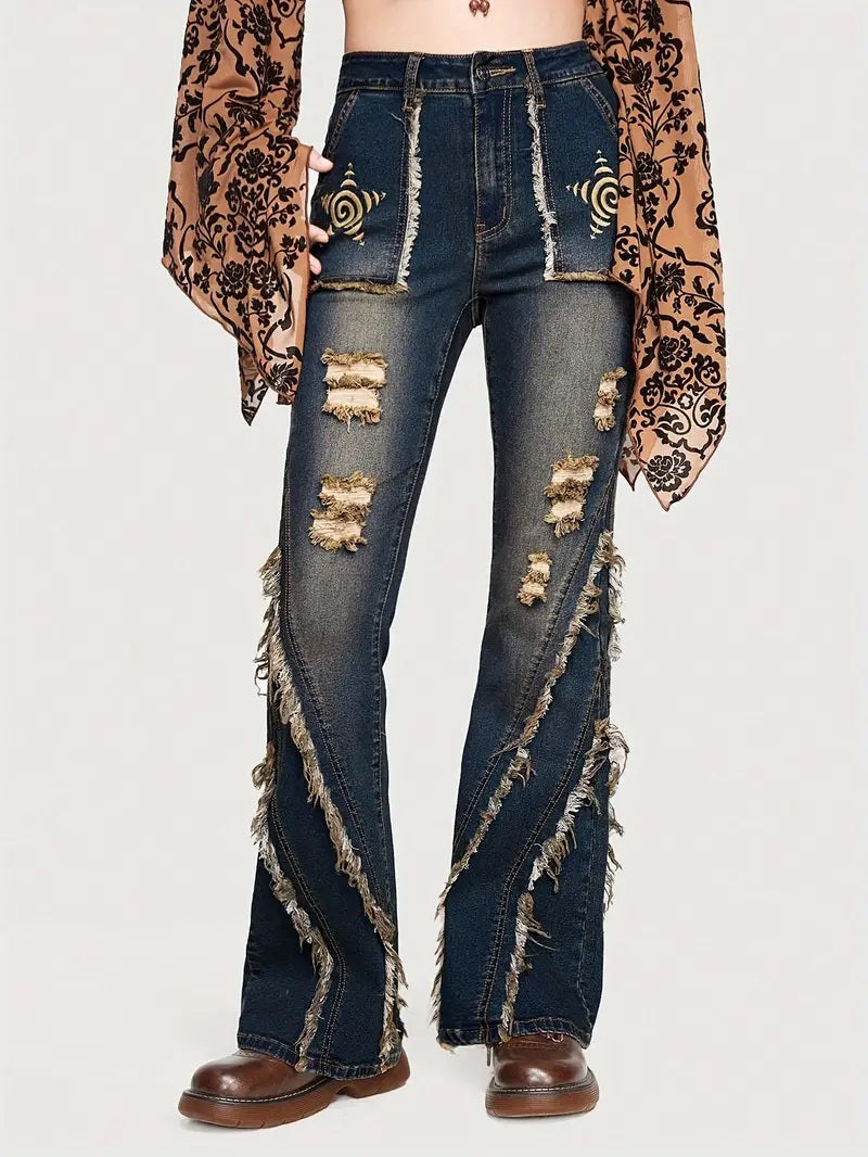 CM-BT061147 Women Casual Seoul Style Ripped Star Pattern Flare Leg Jeans - Blue