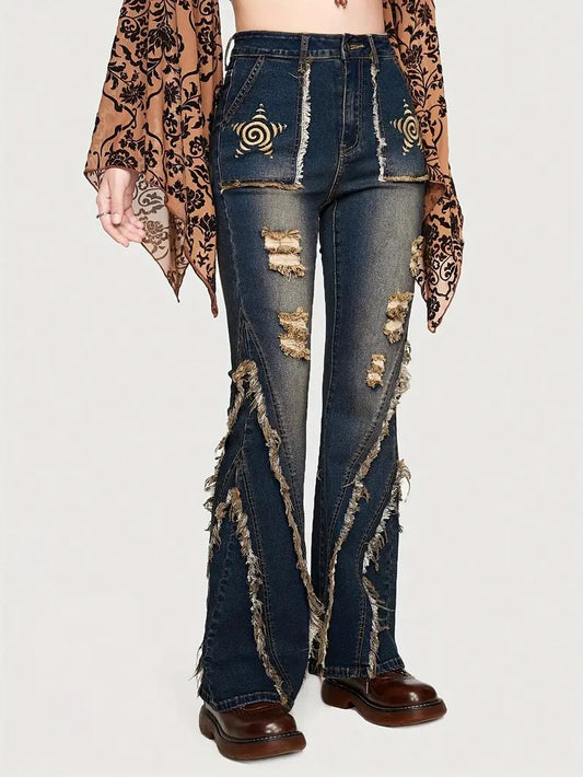 CM-BT061147 Women Casual Seoul Style Ripped Star Pattern Flare Leg Jeans - Blue